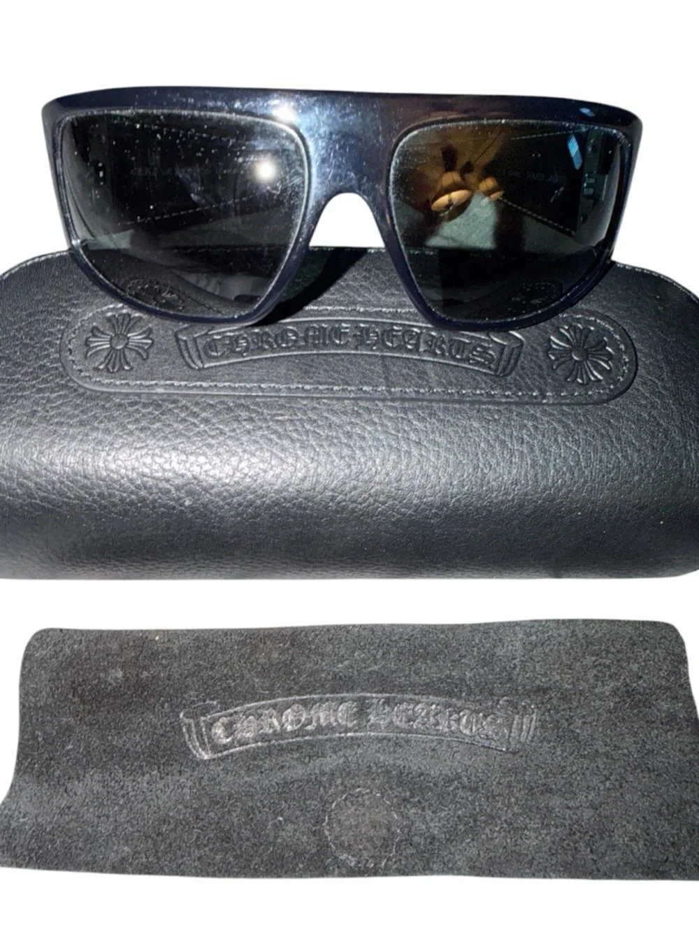 Chrome Hearts Black Hard James Sunglasses RARE Black Leather Triple Cross